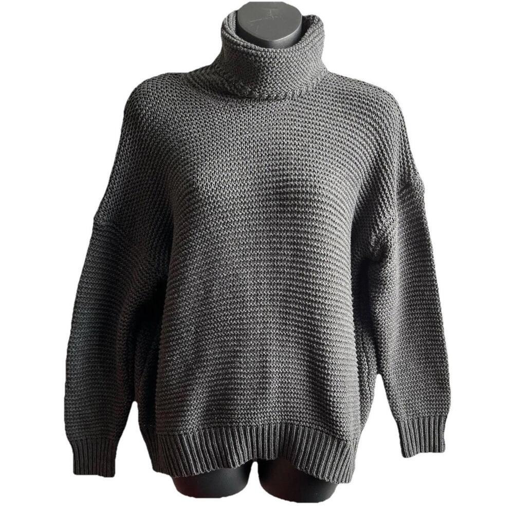 Gray Chunky Knit Turtleneck Sweater Women’s Size L Drop Shoulder Cozy Pullover